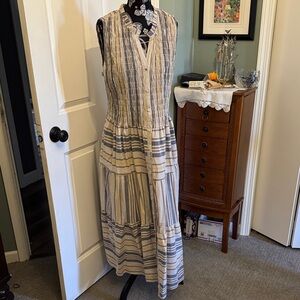 Sleeveless Striped Tiered Maxi Dress in Beige and Blue